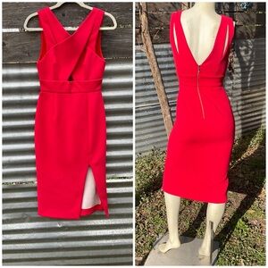Red Nicholas Ponti Diamond Cut Out Fitted Scuba Midi Cocktail Dress